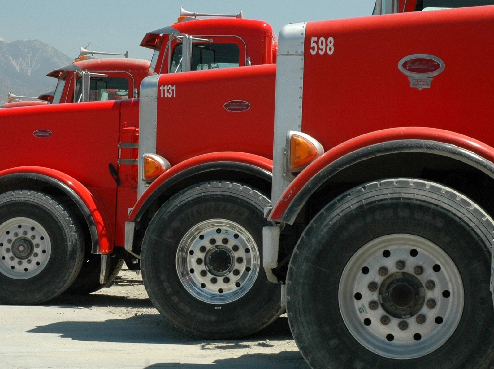 A row of red trucks parked in a parking lot.